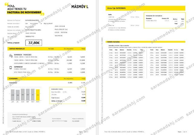 Spain Masmovil internet and mobile utility  bill Word and PDF formats, 5 pages